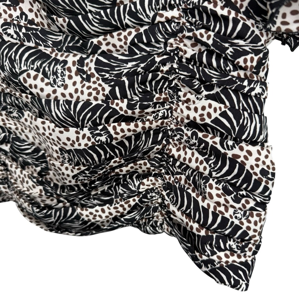 ZARA Blouse Small Tiger Animal‎ Print Ruffle Square Neck Ruched Statement RARE - Picture 3 of 8